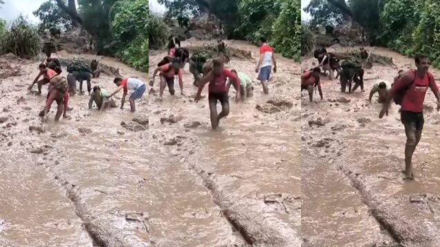 people helpless to cross mud in dugadda